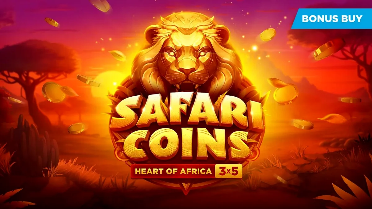 Tampilan visual slot Safari Coins dengan latar belakang padang rumput Afrika dan simbol koin emas.