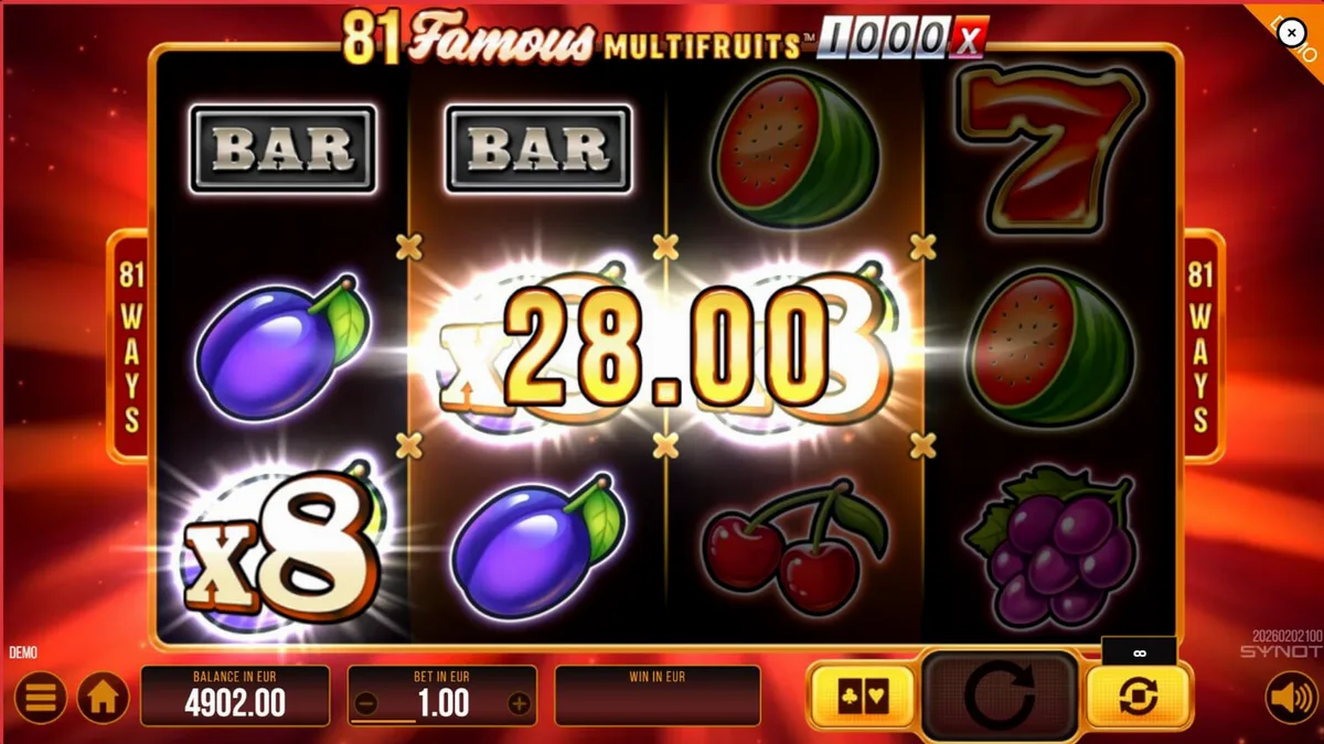Tampilan visual mesin slot 81 Famous Multifruits 1000 dengan simbol buah dan lampu neon