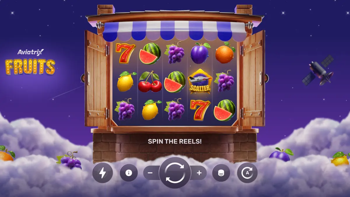 Tampilan visual slot Aviatrix Fruits dengan tema buah dan elemen pesawat